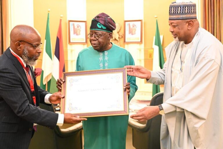 President Tinubu receives Prof. Ademola Adenle, winner of the inaugural global M.S. Swaminathan Award for Food and Peace